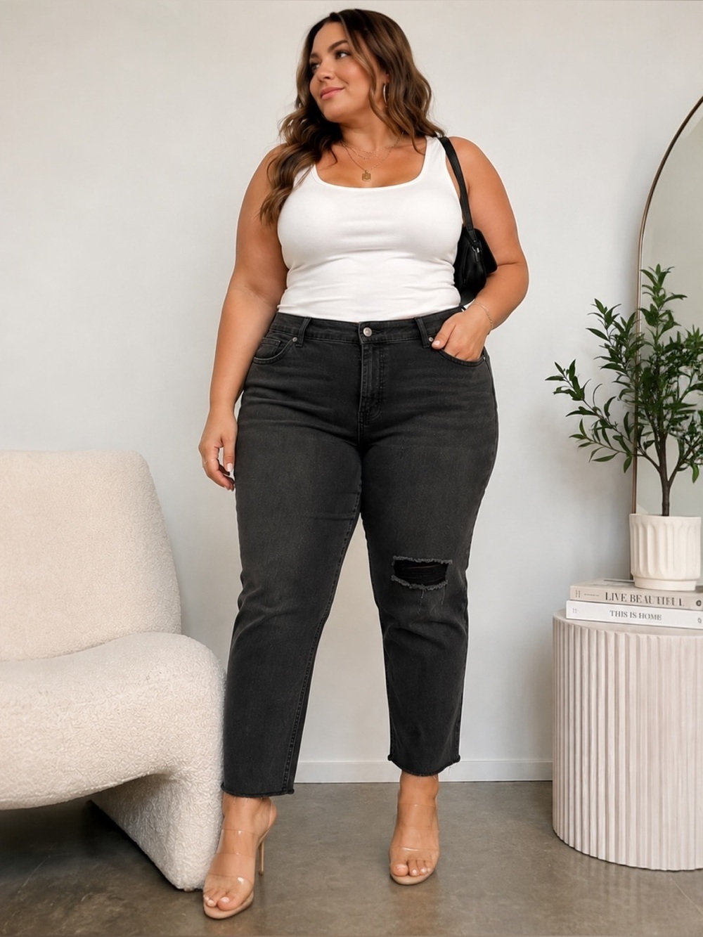 Sofia Jeans by Sofia Vergara Black Distressed Curvy Girlfriend Jeans Size 18 NWT